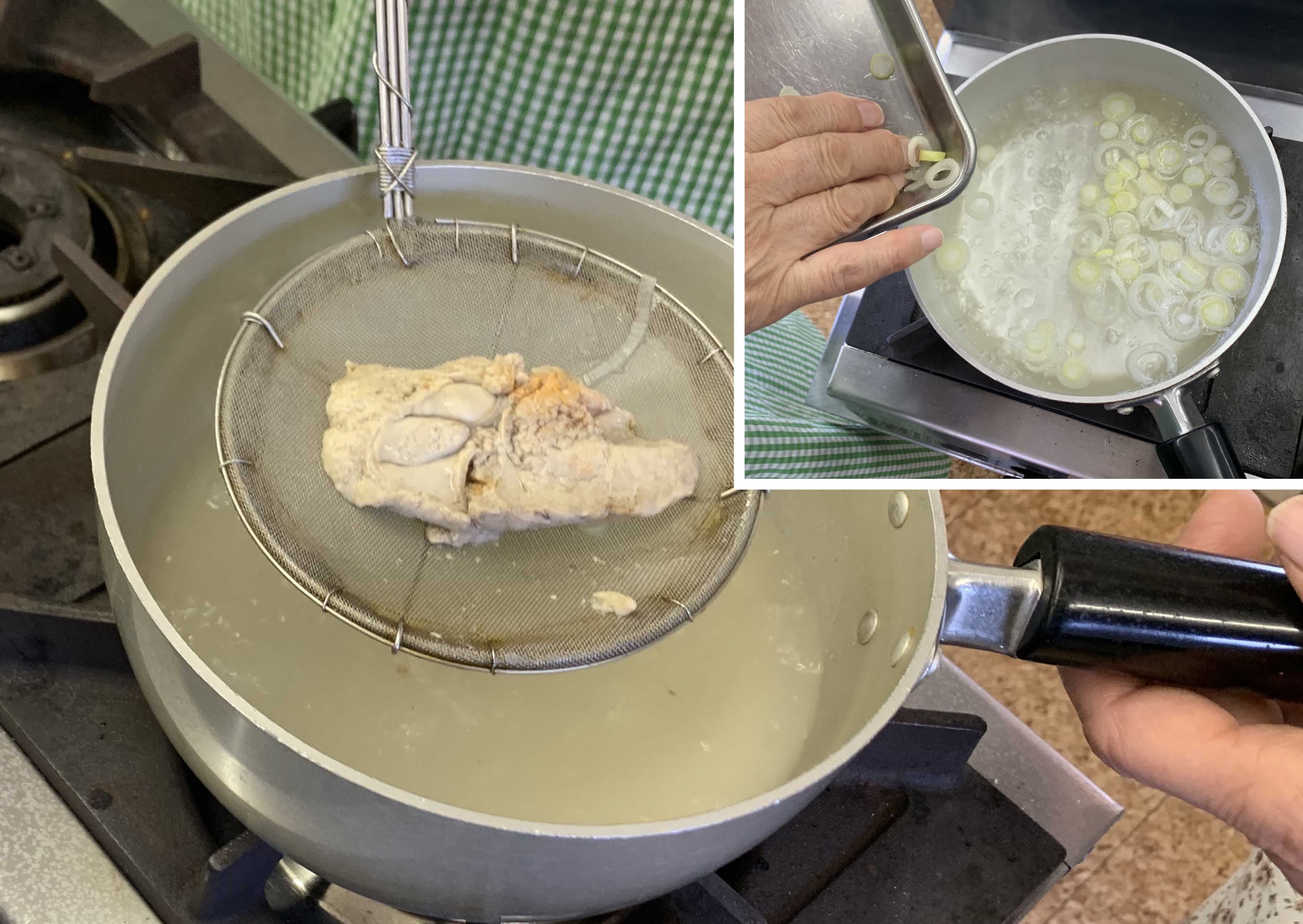 ネギは隠し味! あん肝は血があるので、身とは別に、10分くらい中までしっかり火を通す。